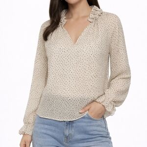 ARK & CO Sheer Black & White Pin Dot Ruffle Long Sleeve Top